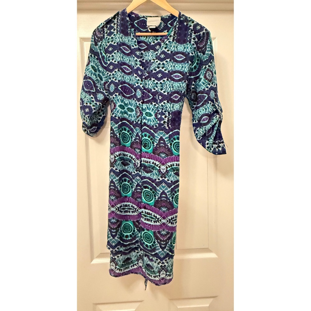 Maeve Tunic Dress Women Small Blue Purple Ikat Geometric V-Neck Roll-Tab Sleeve